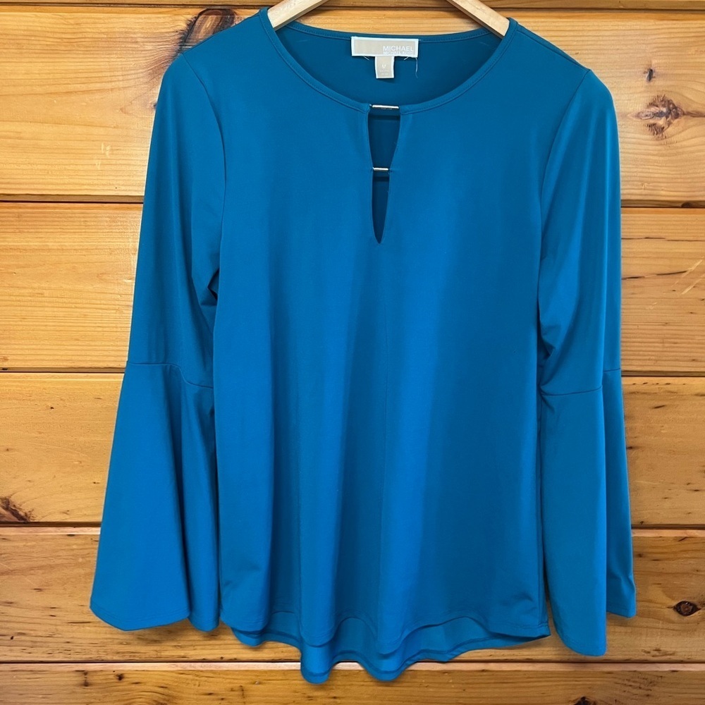 Michael Kors Women's Teal Flare Sleeve Cut-out V-Neck Top Blouse Size M